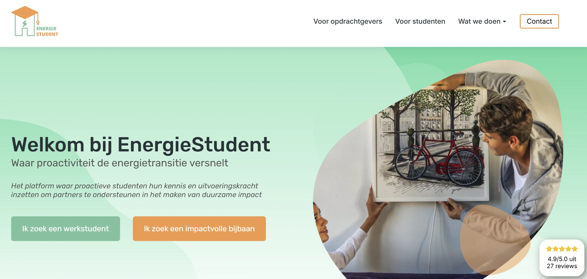 De homepage van EnergieStudent, het bedrijf dat studenten koppelt aan opdrachtgevers in de energietransitie