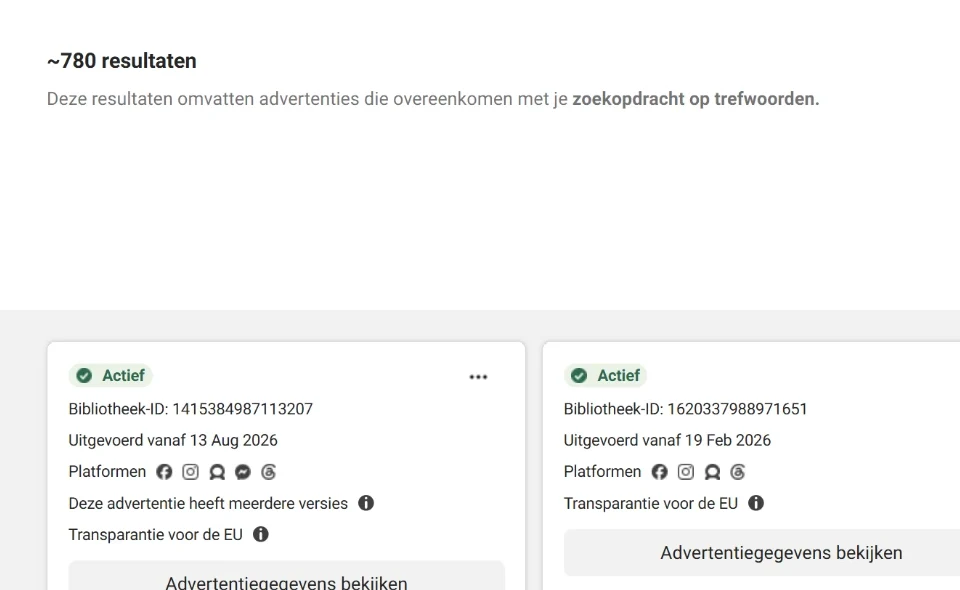 De advertentiebibliotheek van Meta met zo'n 780 actieve advertenties op 'huidverbetering' in Nederland.