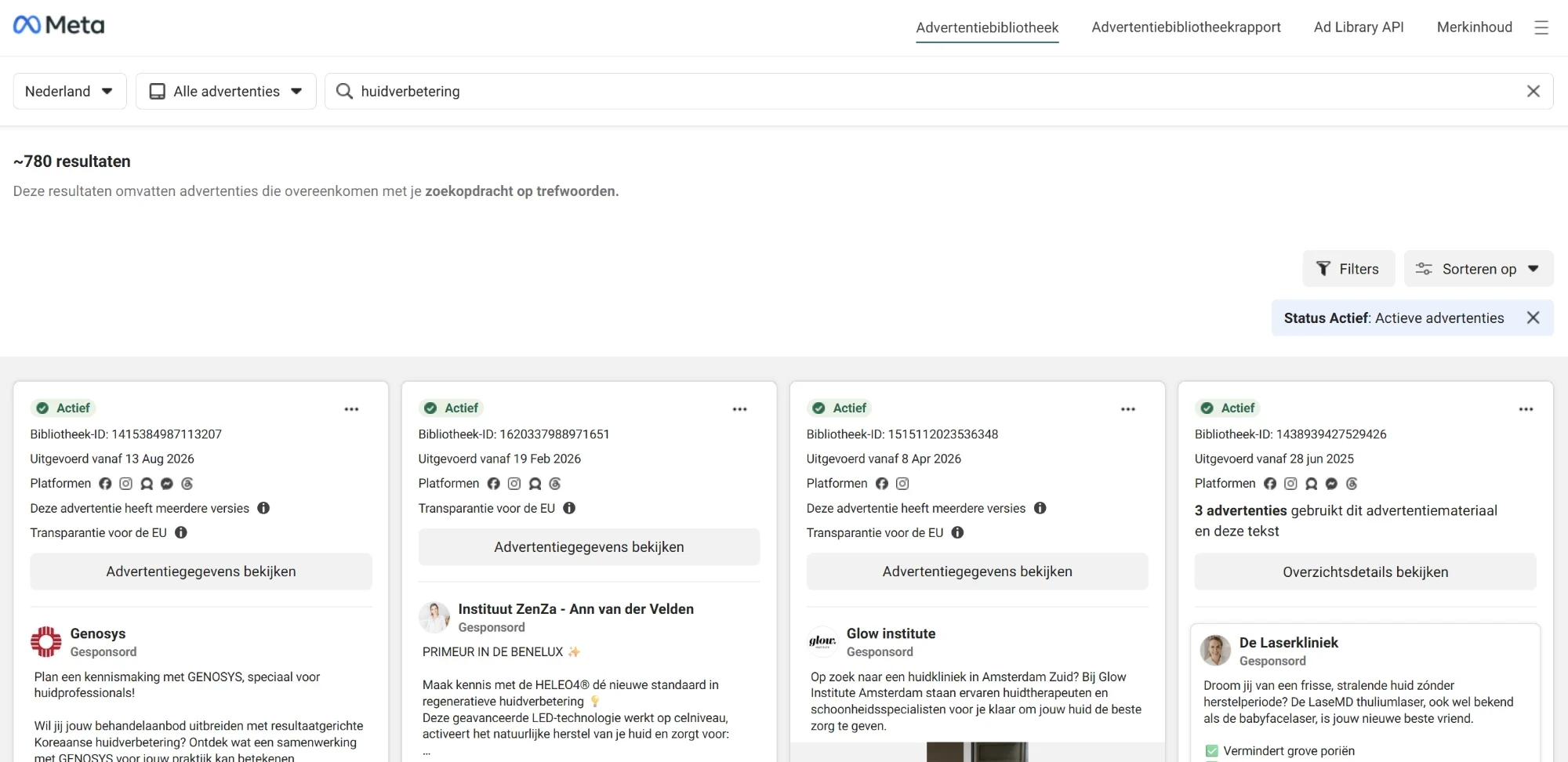 De advertentiebibliotheek van Meta, gezocht op 'huidverbetering' in Nederland: zo'n 780 resultaten. De eerste rij toont actieve advertenties van onder meer Instituut ZenZa, Glow Institute en De Laserkliniek.